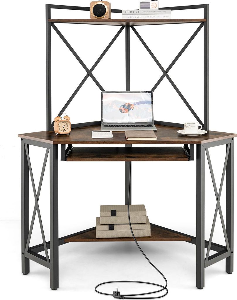 Eckarbeitsplatz mit Regalaufsatz, Eckschreibtisch mit Regalen, Tastaturablage, Fallschutzwand & integrierter Ladestation, platzsparender, Braun