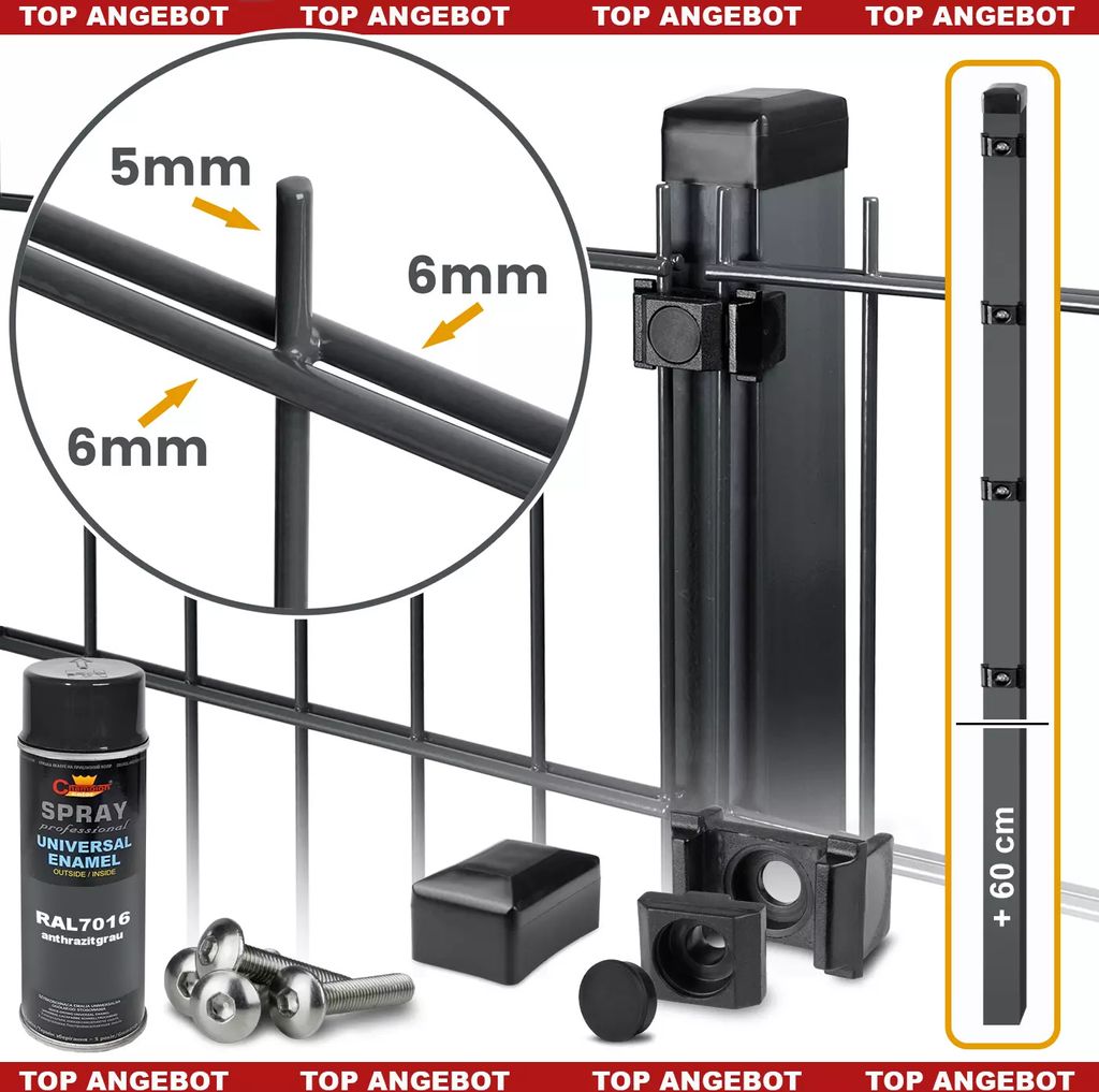 ROYSSON Doppelstabmattenzaun 6/5/6 Komplettset | 60 m Länge, 1630 mm + 600 mm Höhe, erweiterte Pfosten zum Einbetonieren – Anthrazit