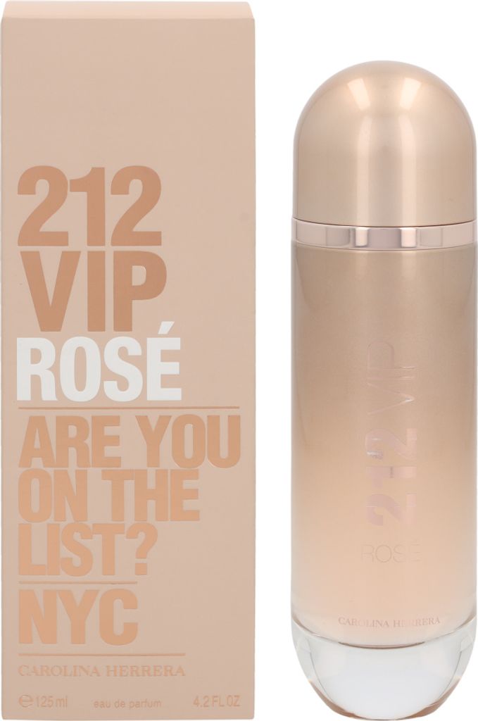 A box and bottle of Carolina Herrera 212 VIP Rosé Eau de Parfum.