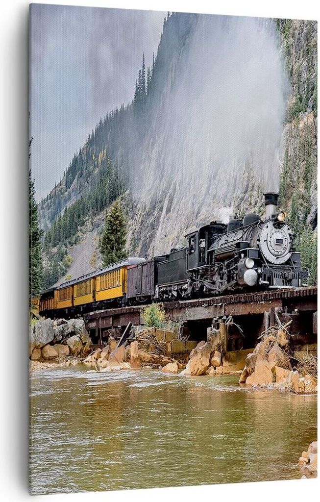 Bild auf Leinwand - Leinwandbild - Einteilig - Alt Lokomotive Berge - 80x120cm - Wand Bild - Wanddeko - Wandbilder - Leinwanddruck - Wanddekoration...