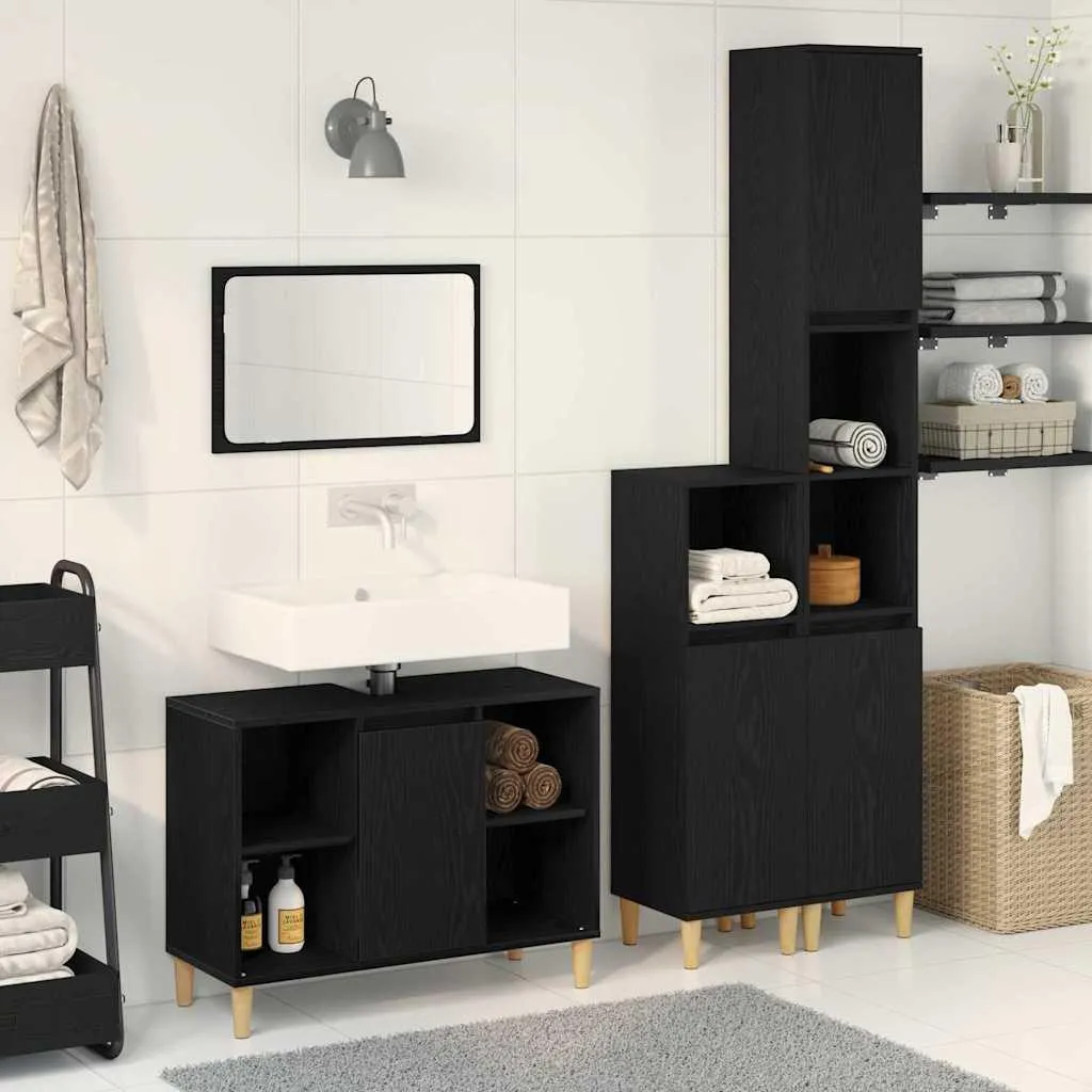 Aménagement Salle de Bain Noir 3 Pièces avec Rangement Pratique vidaXL