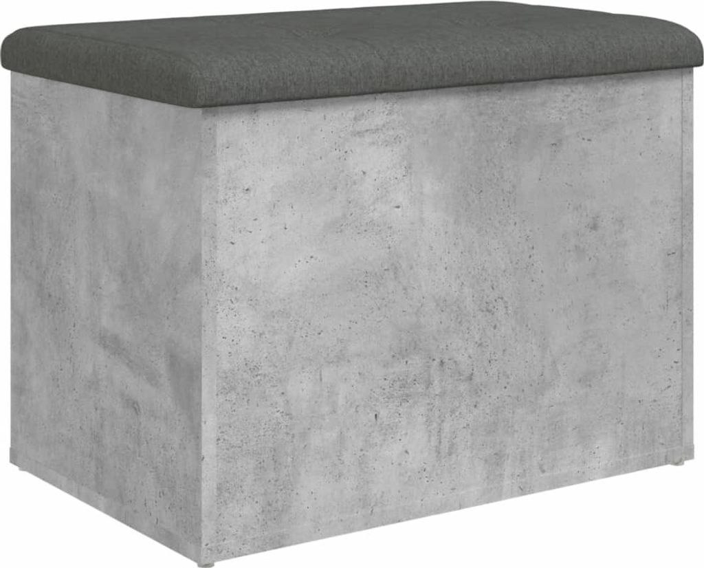 A close-up, studio shot of a rectangular storage bench with a concrete-effect exterior and a dark gray upholstered top.