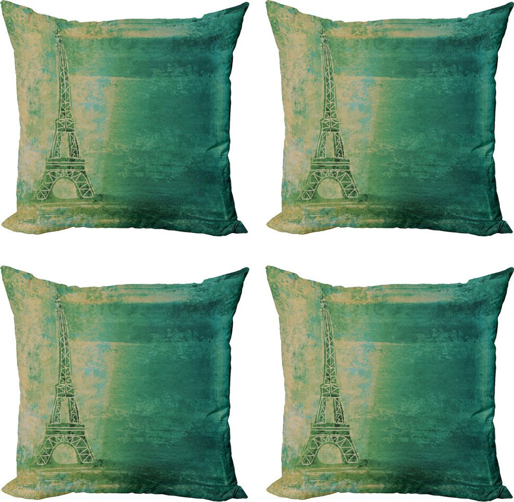 ABAKUHAUS Eiffelturm Kissenbezug Set (4 Stück), Bunte Ombre Sketch, Moderner Doppelseitiger Digitaldruck, 50 cm x 50 cm, Teal Senf