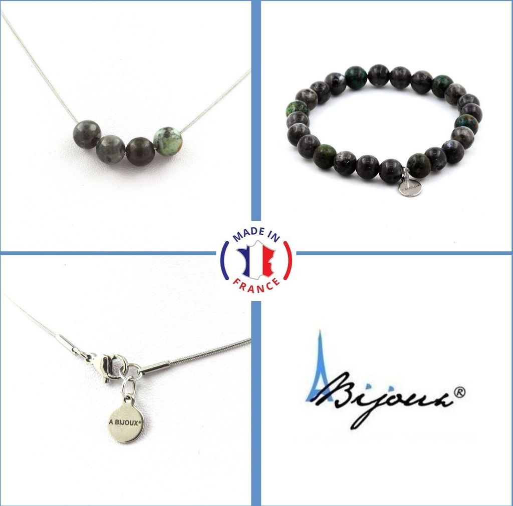 Armband Halskette Set Labradorit Perlen + Afrikanischer Türkis 8 mm Edelstahlkette