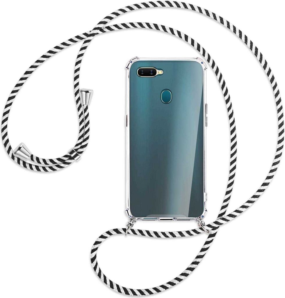 Handykette Backcover-Schutzhülle mit Band (Metall silberfarben) für Oppo A7 / AX7 - schwarz/weiß gestreift