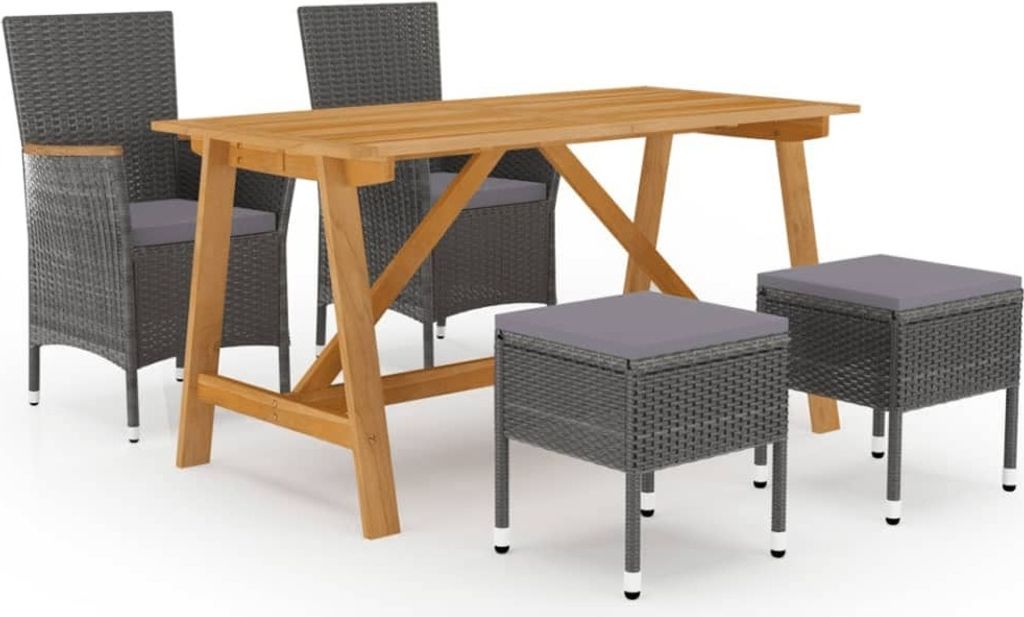 Gartenmöbel-Set 5-tlg. Grau Akazien-Massivholz PE Rattan Stahl Tisch 140x70x73,5cm Stühle 52x57x84cm Hocker
