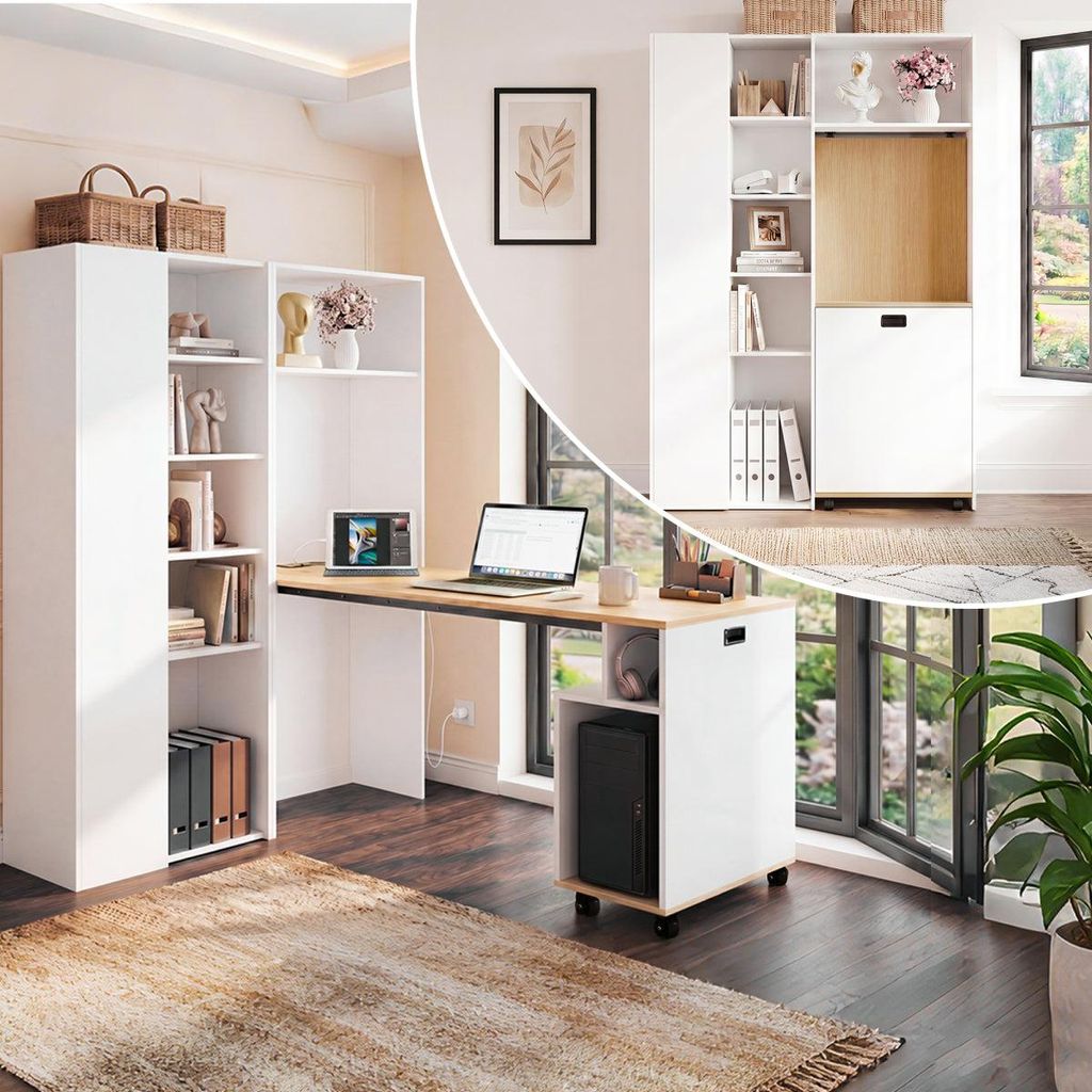 Klappbarer Schreibtisch mit Ablagen 2-in-1 Bücherregal Weiß Produktbild 