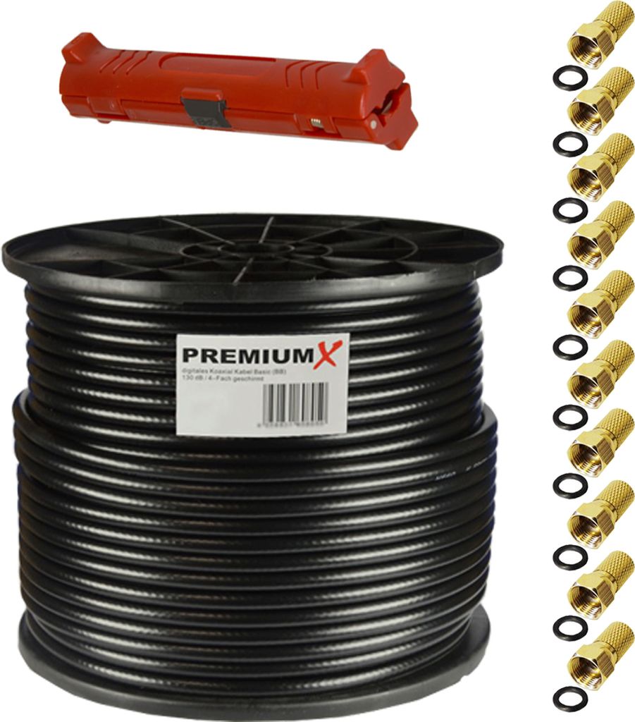 PremiumX 100m BASIC Koaxialkabel schwarz 135dB SAT Entmanteler 10x F-Stecker
