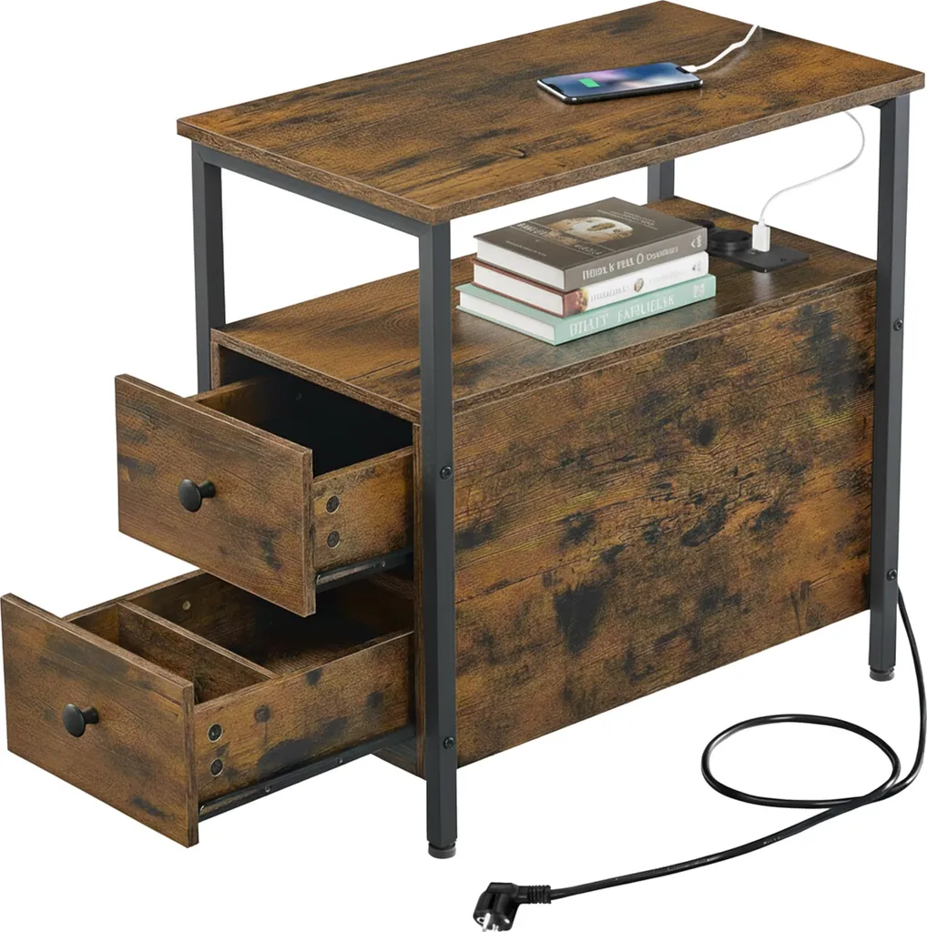 Comodino Relaxdays Smart: 2 Cassetti, Prese e USB per Camera