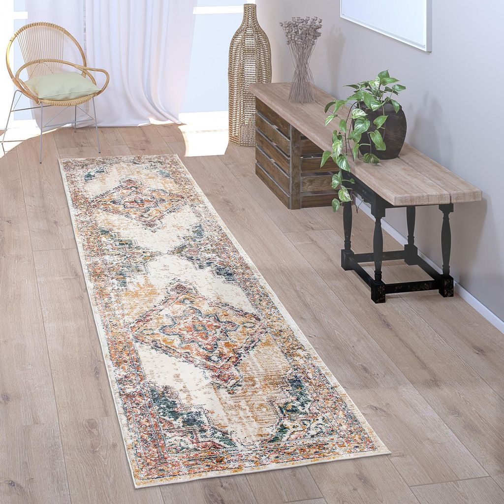 Teppich Läufer Flur Schlafzimmer Kurzflor Vintage Pastell Produktbild 