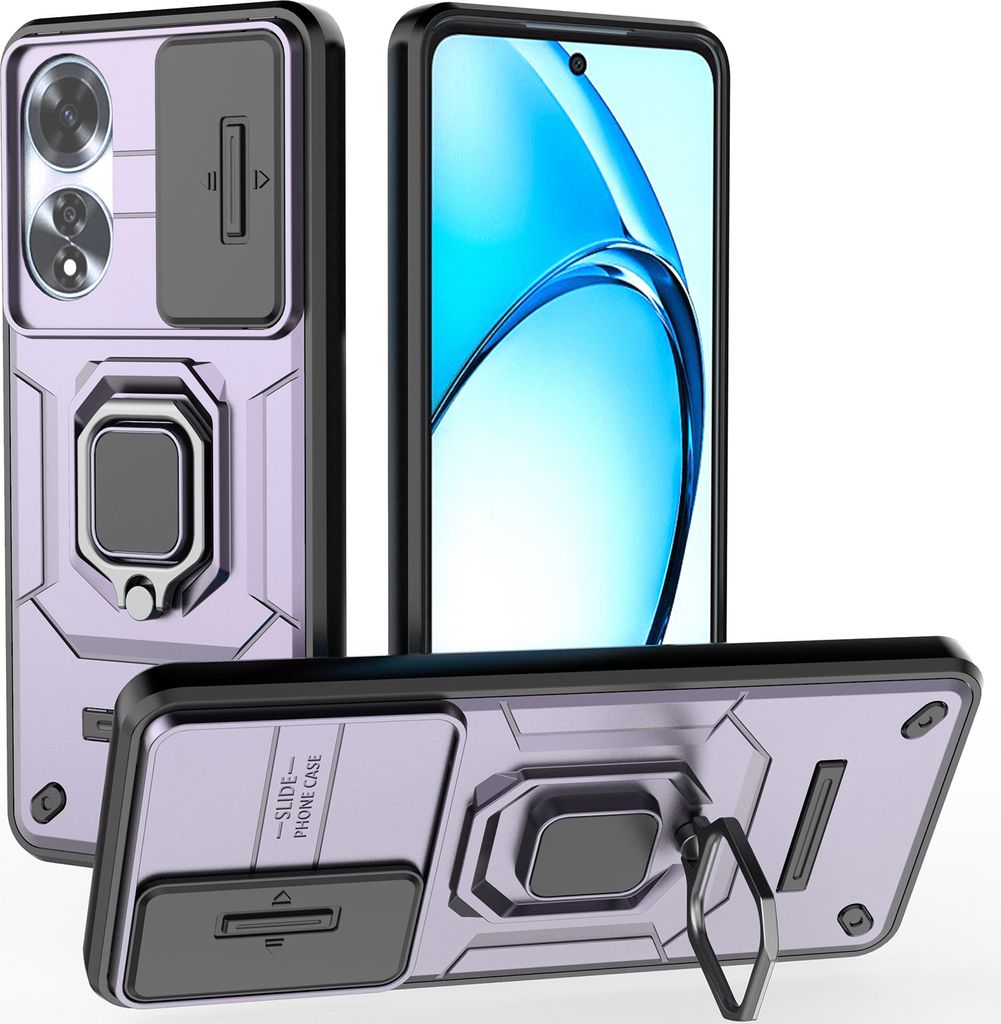 Hülle für Oppo A60 Dual Layer Handyhülle Schiebe Kamera Schutz und Ringhalter Ständer Lila
