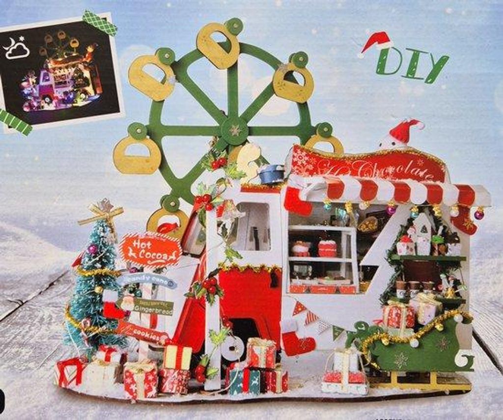 Crafts&Co Miniatur zum Selbermachen - Christmas Food Truck - DIY - mit Led-Lichtern - Weihnachten - Basteln - 25,8x19,9x24,8cm