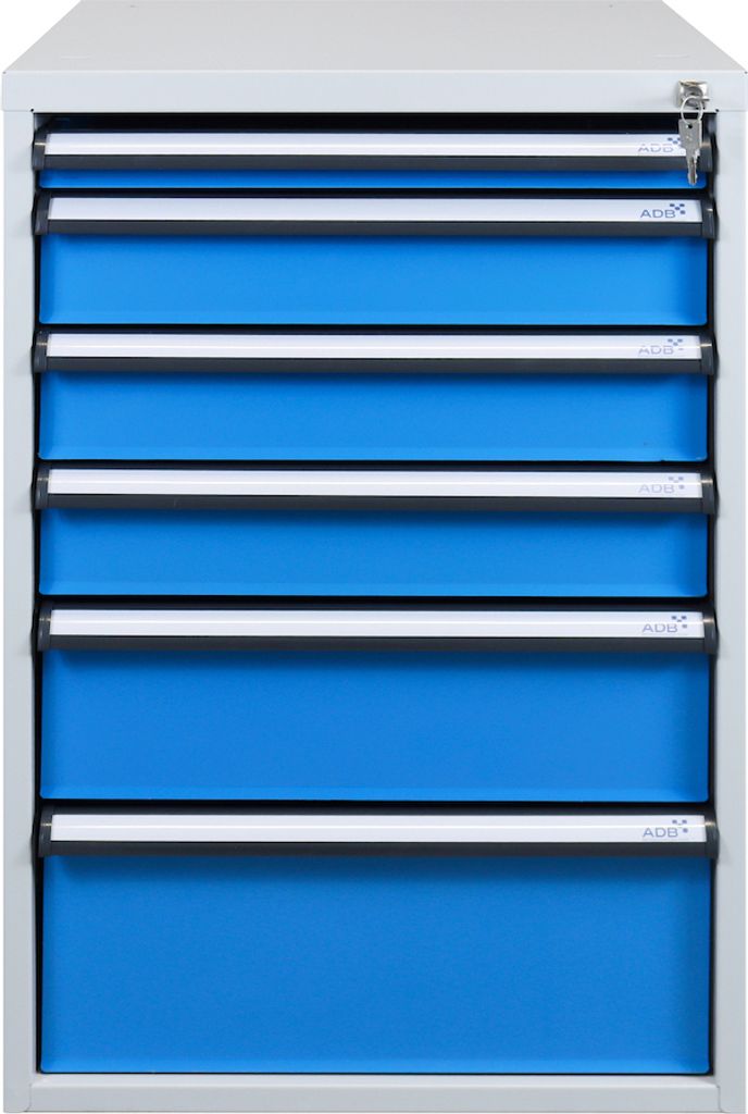 Schubladenbox mit 6 Schubladen für Werkbank Rhino| HxBxT 80x53x70cm | Traglast 60kg | Lichtgrau/Lichtblau