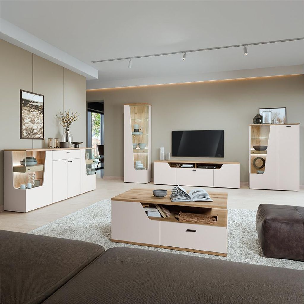 Wohnzimmer-Set in Kaschmir & Eiche mit Couchtisch & Sideboard, 5-teilig - CARMONA-129