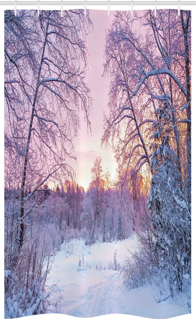 ABAKUHAUS Paesaggio Tenda da doccia stretta, Braches Snowy Sunset, Set decorativo per bagno in tessuto con ganci, 120 x 180 cm, Lavanda Viola Bianco