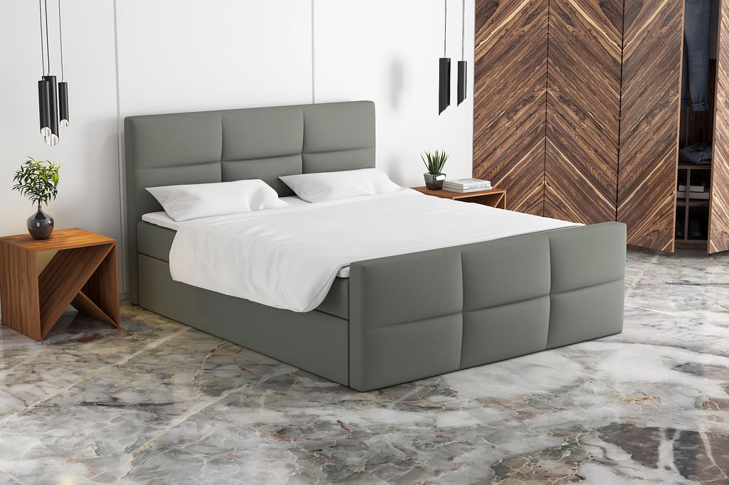 Boxspringbett HAKI 140 x 200 mit 2 Bettkästen, Bonell-Matratze und Topper. Farbe: Grau