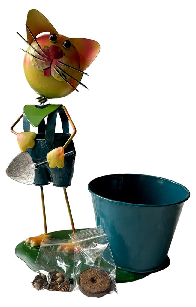 Pflanzset: Pflanztopf mit Metallfigur Katze (30 x 20 x 15 cm), Bienenfutter-Wildblumensamen und Kultursubstrat-Tab