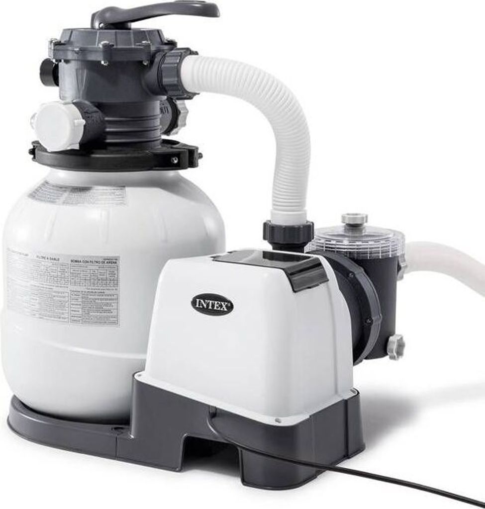A white and gray Intex sand filter pump system is shown against a white background.