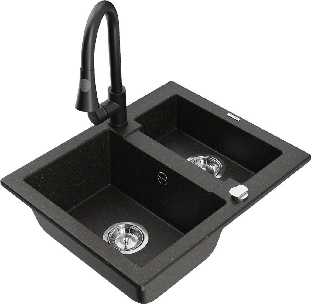 Mexen Carlos 1,5-Becken-Granitspüle mit Mischbatterie Elia, Schwarz/Gold metallisch - 6518-75-670101-70