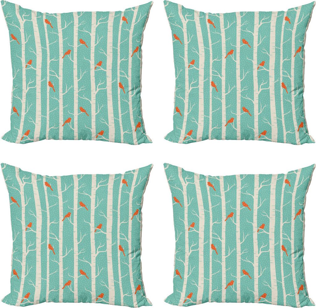 ABAKUHAUS Natur Kissenbezug Set (4 Stück), Gepunktete Baum und Vögel, Moderner Doppelseitiger Digitaldruck, 60 cm x 60 cm, Meer, Grün, Orange