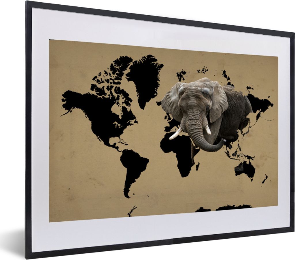 MuchoWow MuchoWow Gerahmtes Poster Weltkarte - Schwarz - Elefant 60x40 cm - Poster mit zchwarzem Bilderrahmen - Schlafzimmer - Plakat in Rahmen...