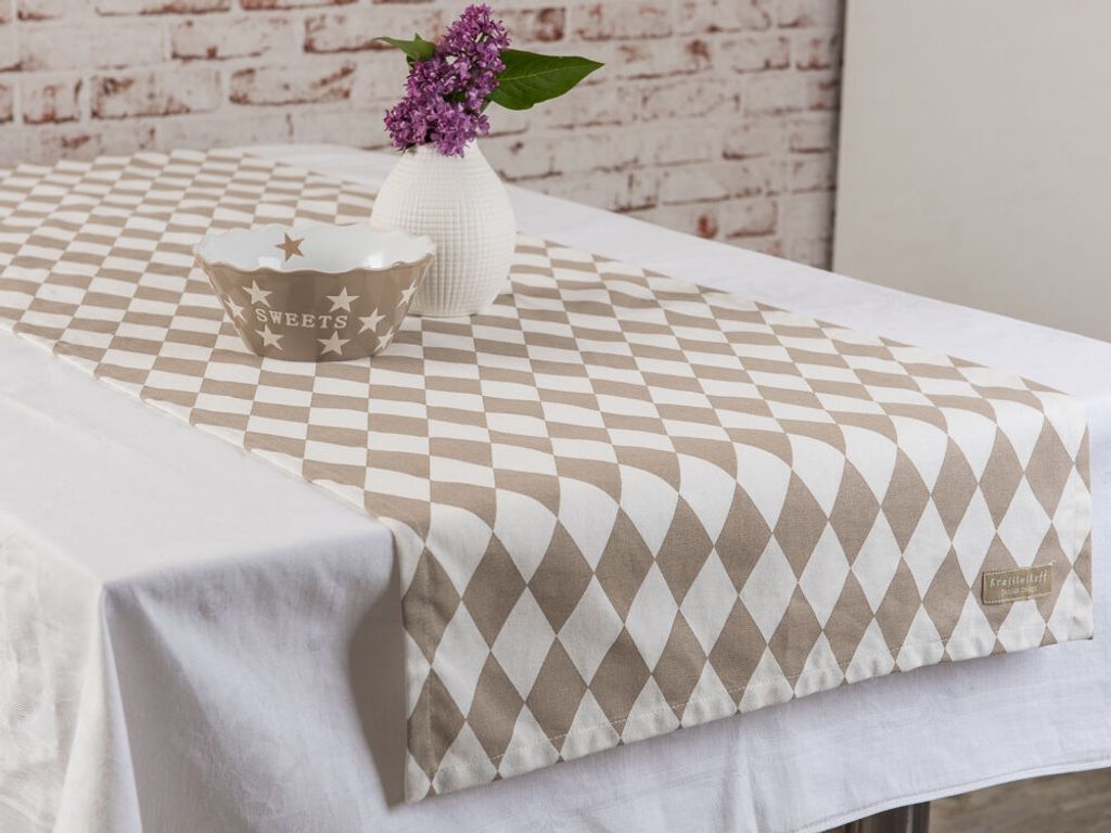 Krasilnikoff Tischläufer HARLEKIN Taupe Tischdecke Rauten Karos sand weiß