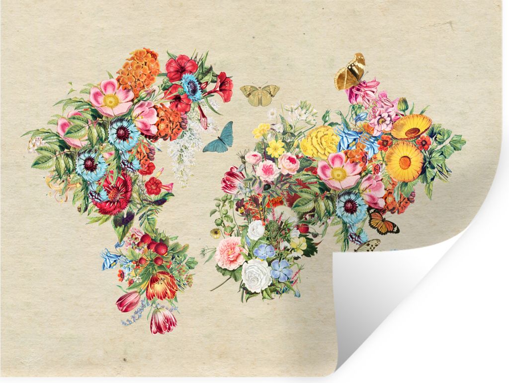 MuchoWow Wandtattoo Wandsticker Wandaufkleber Weltkarte - Vintage - Blumen 120x90 cm Selbstklebend und Repositionierbar - Aufkleber