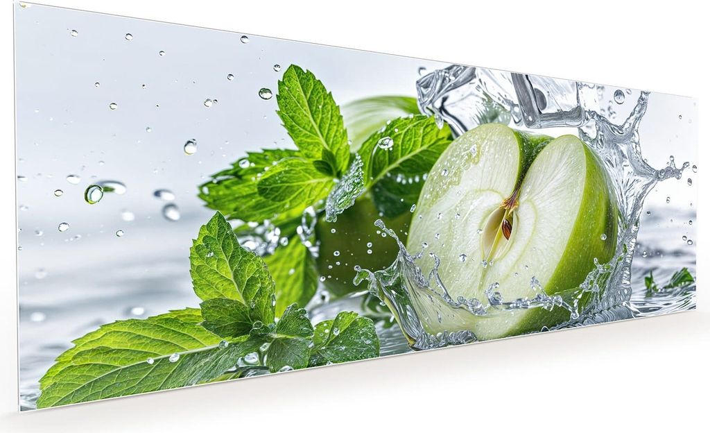 Küchenrückwand Spritzschutz Glas mit Motiv Spritzender Apfel Mint 40 x 40 cm