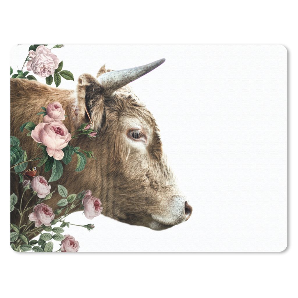 MuchoWow Mauspad Mousepad Schottischer Highlander - Blumen - Rosa - Weiß 23x19 cm - Mousepads - Maus Mat - Pad - Mausunterlage - Schreibtischunt...