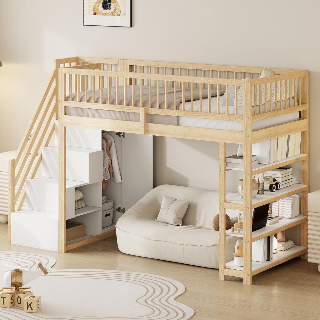 MODFU Lit Mezzanine 90x200 cm – Bois avec Étagères et Image du produit 