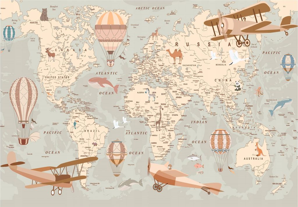 Tapeta do dětského pokoje mapa světa zvířata 350x250 cm - Obrázek produktu 