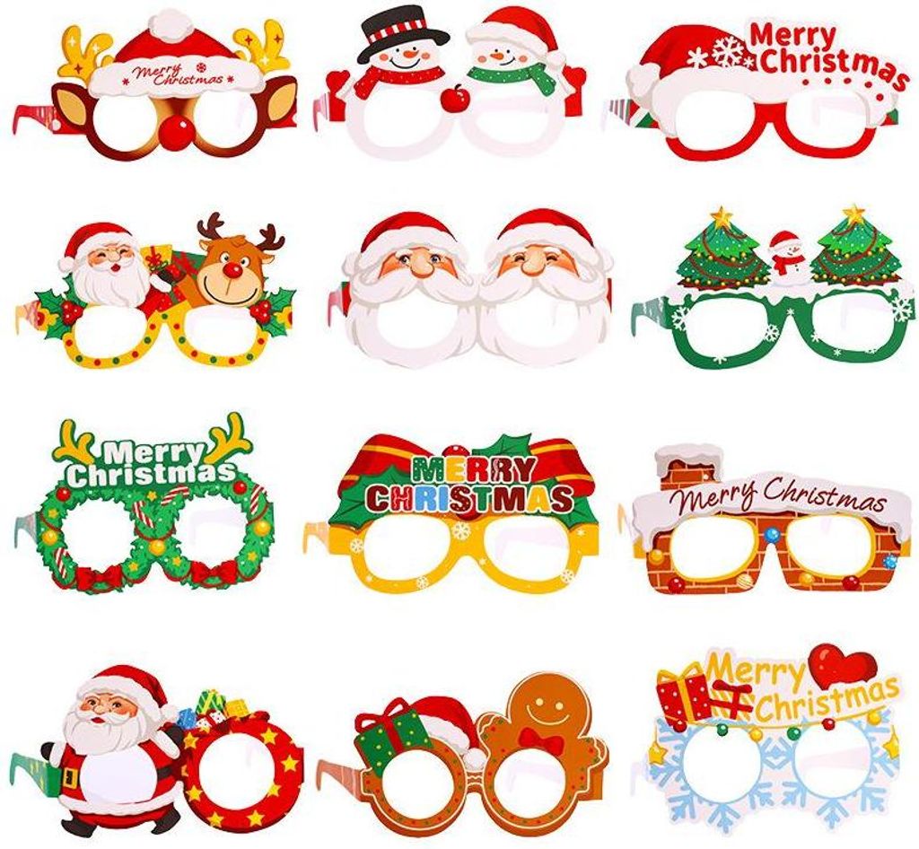 Weihnachten Party Papierbrille, Weihnachtsdeko, Weihnachtsfeier Accessoires, Partybrille, verschiedene Designs, Kinder & Erwachsene, 12 Stück/Packung