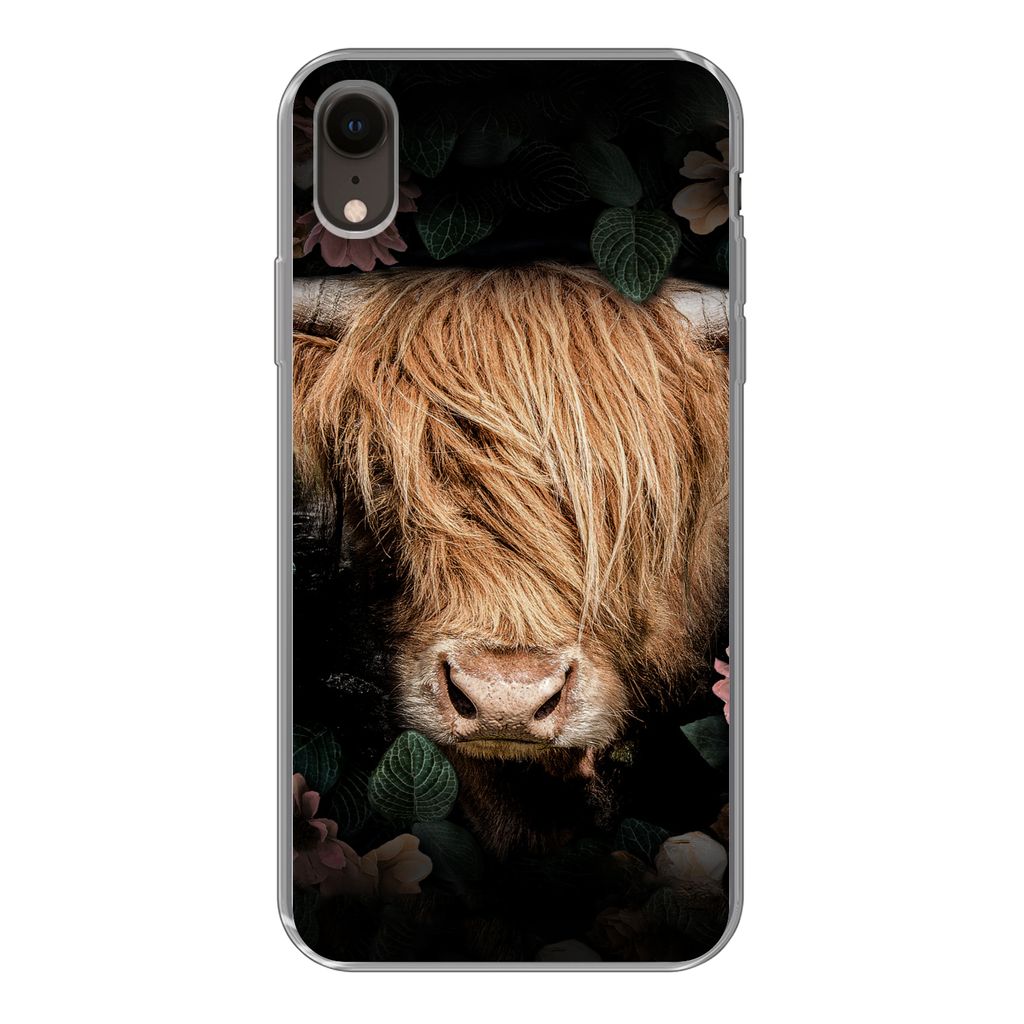 MuchoWow Handyhülle Schutzhülle Hülle für iPhone XR Schottischer Highlander - Kuh - Blätter Silikon Softcase Handy Hülle - Schutzdeckel