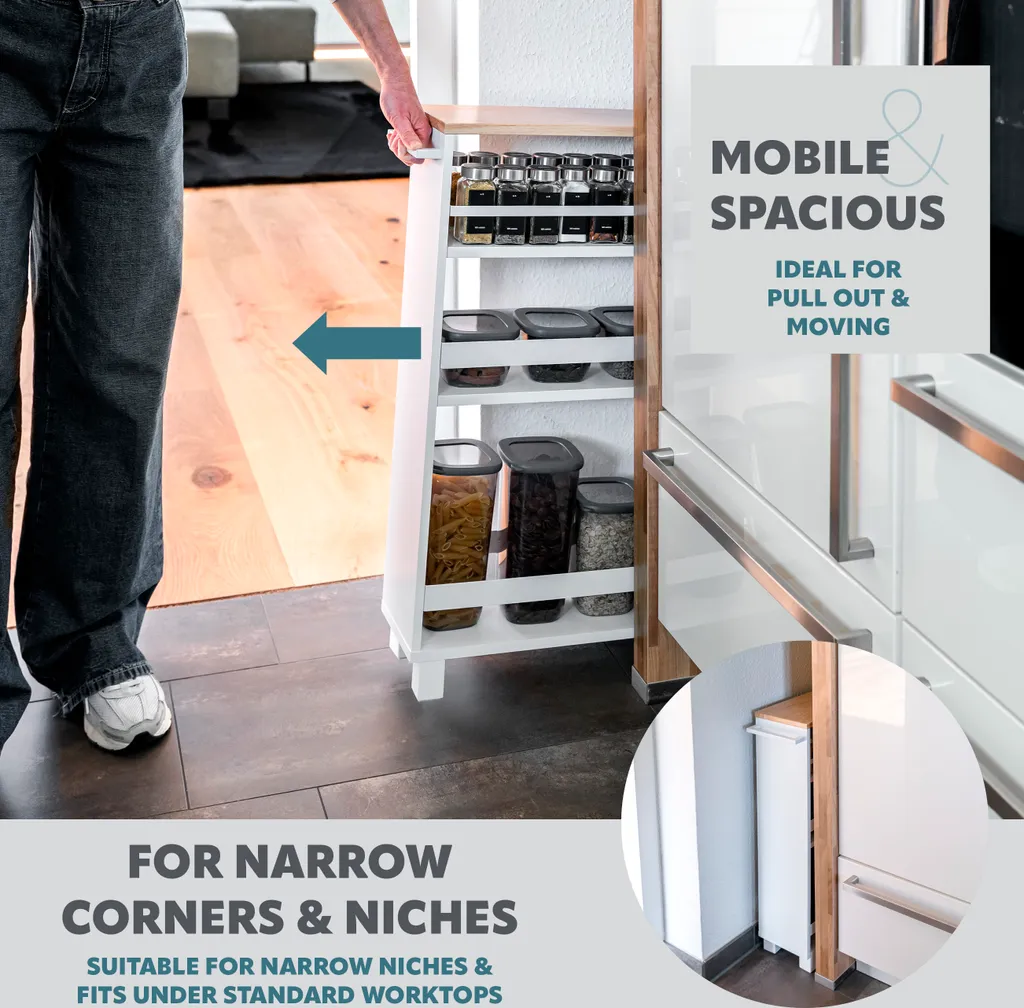 carrello a nicchia per cucina eluno, carrello per cucina, organizzatore per bagno a 3 livelli, legno, bianco - 3