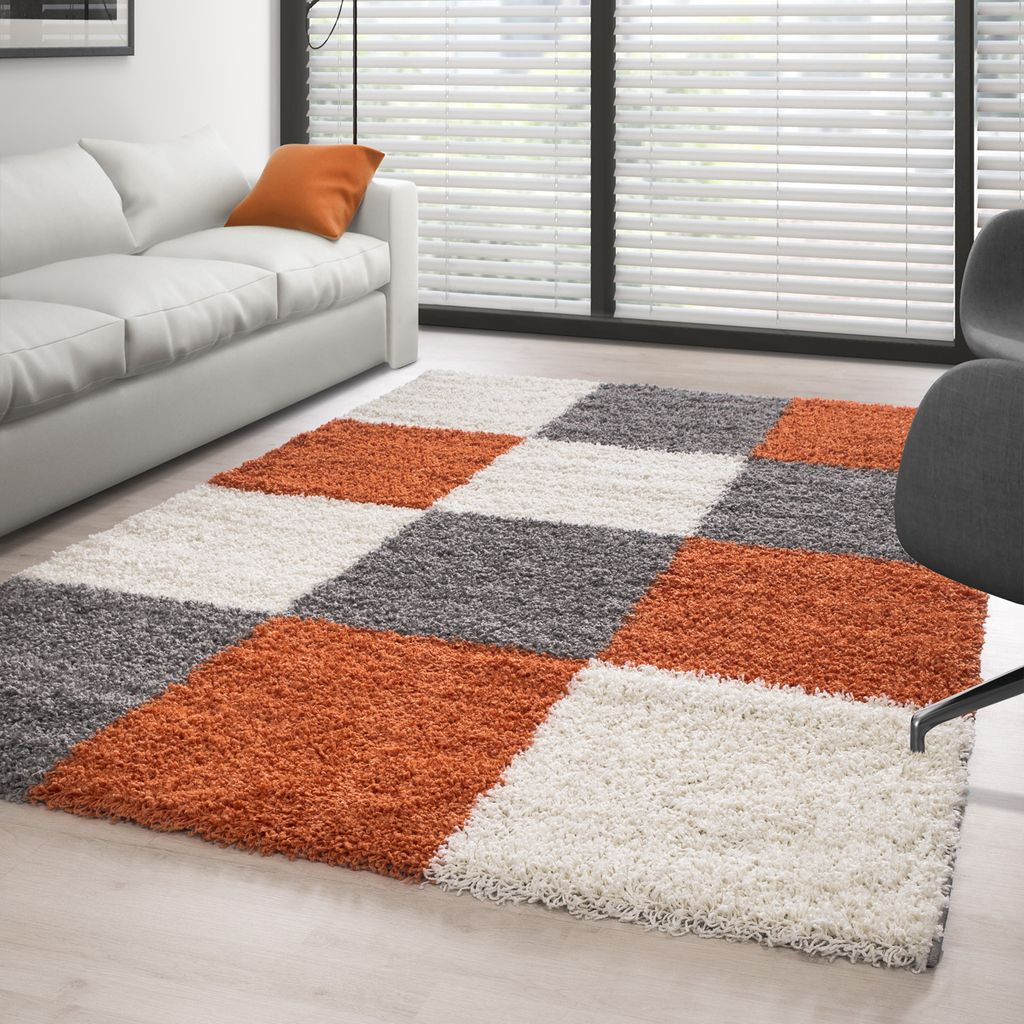 Teppich Wohnzimmer Hochflor Kariert Design Langflor Shaggy Modern Flauschig, Größe: 160 x 230 cm, Farbe: Terrakotta
