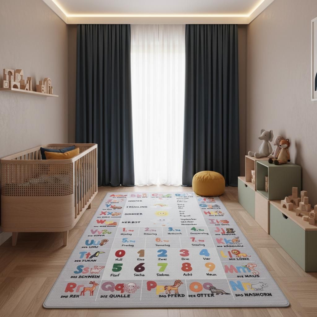 Kinderteppich ABC Zahlen Pflegeleicht Waschbar Strapazierfähig | Grau 80x120 cm Kinderzimmer Fußbodenheizung geeignet | TRAUN – Kadima Design