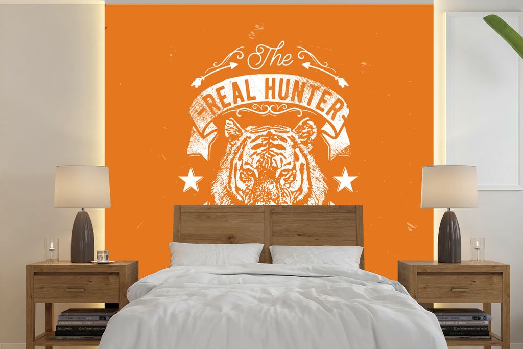 MuchoWow Fototapete für Wohnzimmer oder Schlafzimmer Wandtapete Vinyl Motivtapete Jahrgang - Tiger - Orange - 280x280 cm - Hintergrundbild