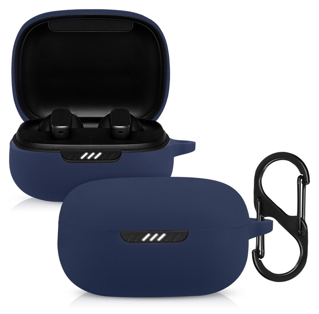 kwmobile Schutzhülle für JBL Live Pro Plus Hülle - TPU Silikon Case für Kopfhörer Ladecase - stoßfestes Cover mit Karabiner - Dunkelblau