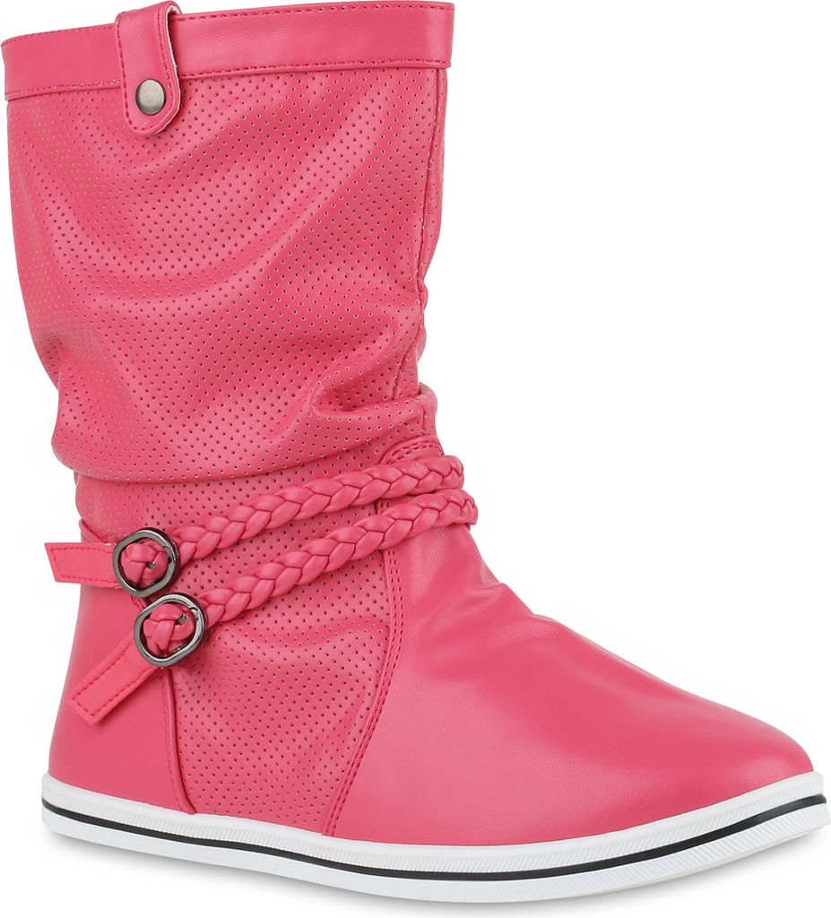 Mytrendshoe Damen Schlupfstiefel Sportliche Stiefel Boots Schnalle 70991, Farbe: Pink, Größe: 37