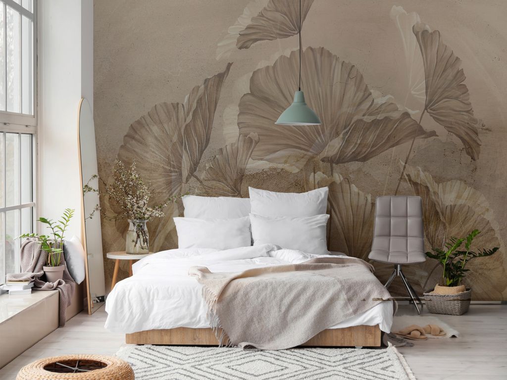 Vlies Fototapete beige Blätter 350x256 cm Tapeten Wandtapete XXL Pflanze Natur wie gemalt b-B-10043-a-a