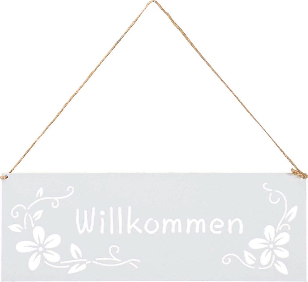 Schild Willkommen 25x9cm Außen Garten-Deko Weiß Blumen Metall Türschild Wandbild