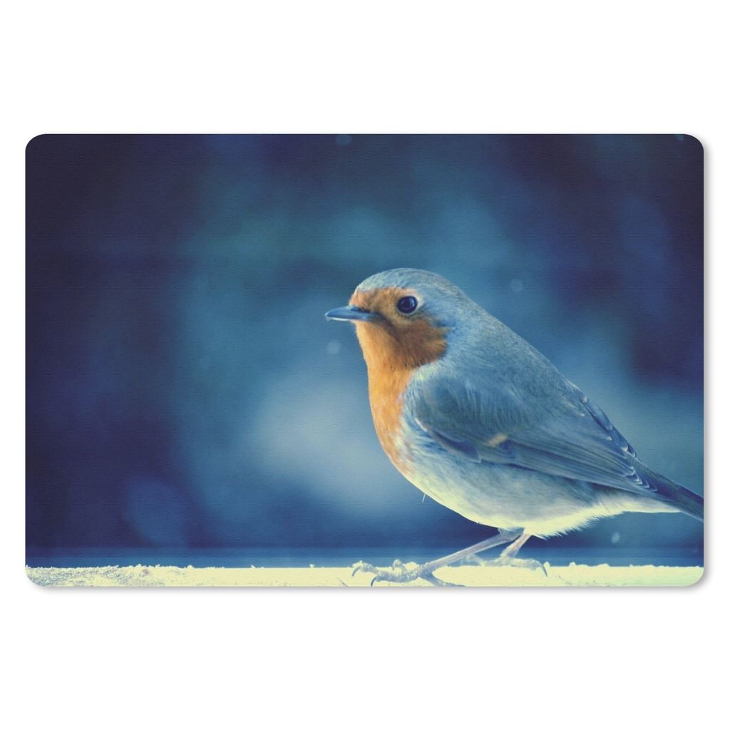 MuchoWow Schreibtischunterlage Rotkehlchen - Blau - Schnee 60x40 cm - XXL Mauspad - Großes Mauspad
