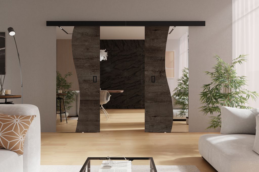 Schwebetür mit Spiegel 190 cm Kaja Duo - Design Schiebetür, Wohnzimmer, Zimmertür, Schiebetürsystem (Dunkel Eiche)