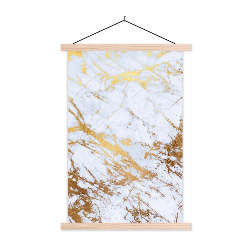 MuchoWow Textilposter Marmor - Gold - Weiß - Luxe - Marmoroptik - Glitzer 120x180 cm mit holzfarbenen Rahmen - Textil-Plakat