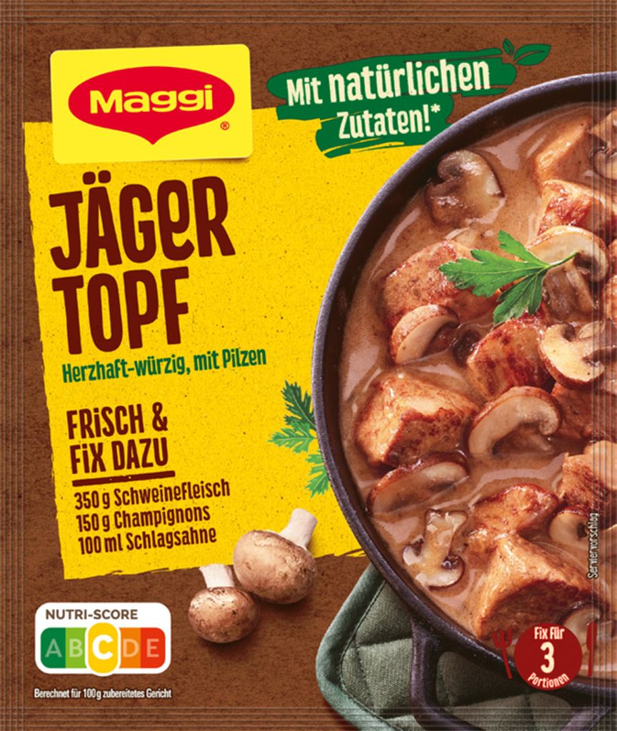 A package of Maggi Fix for Jäger Topf with a depiction of the prepared dish.