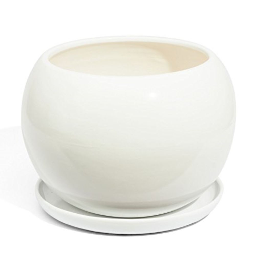 Keramik Blumentopf Unikat Kugel weiß 15 cm handbemaltu inklusive Untersetzer