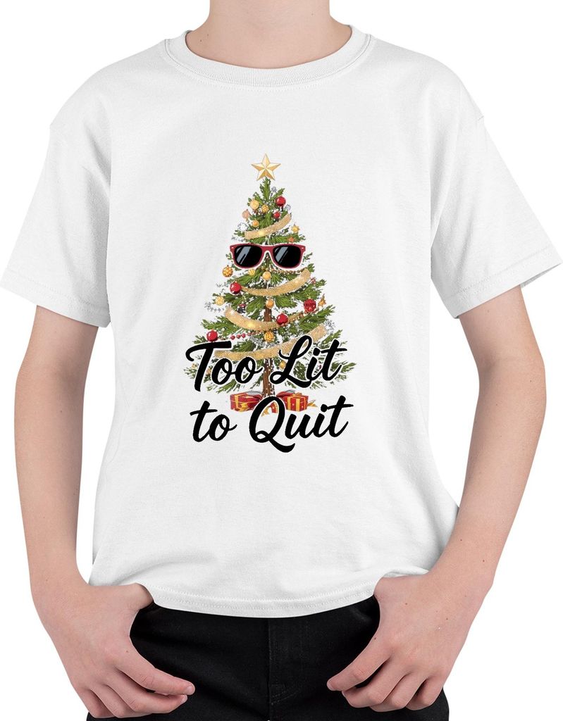 Too Lit to Quit Christmas Tree Sunglasses Lustig Geschenk Party Uni Kinder T-Shirt, Weiß, 116