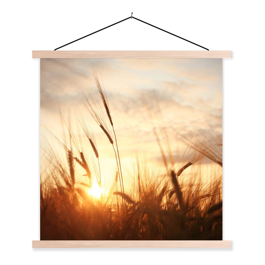 MuchoWow Textilposter Schilf - Gras - Sonnenuntergang - Natur - Horizont 60x60 cm mit holzfarbenen Rahmen - Wanddekoration