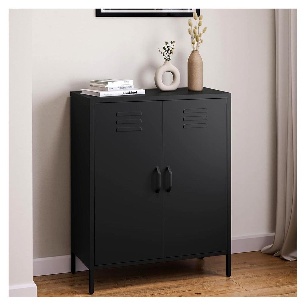 Atria Metallkommode – Sideboard in Schwarz – Metallschrank mit 3 Fächern und Doppeltüren – Mehrzweckschrank mit flexiblen Einlegeböden –...
