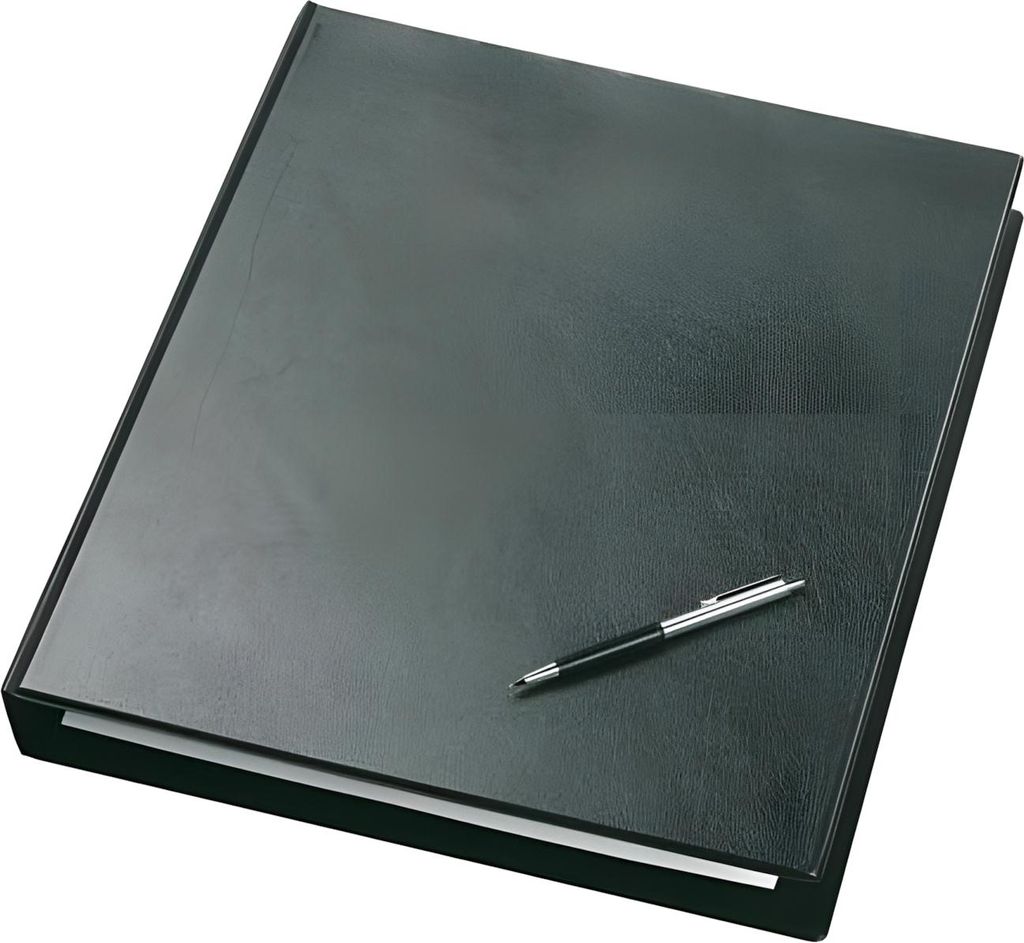 A black binder with a pen on top, isolated on a white background.